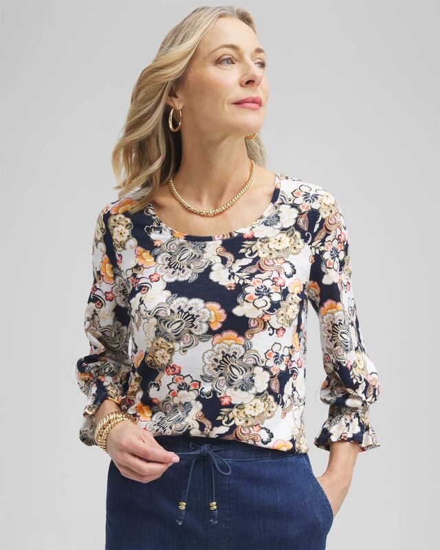 Abstract Smocked 3/4 Sleeve Tee - image 1